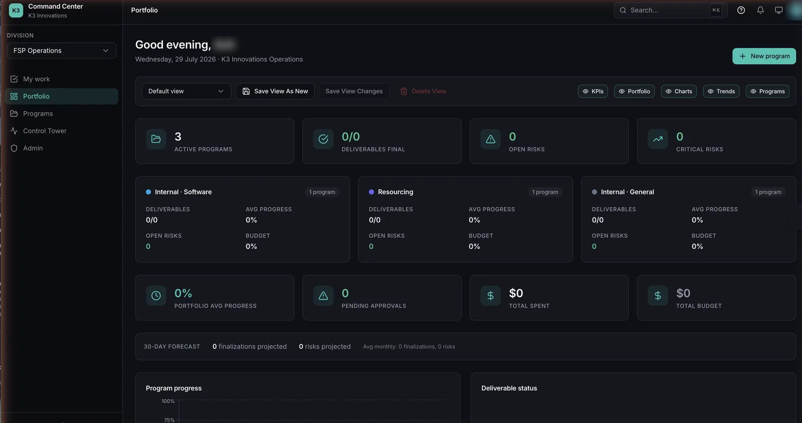 Command Center — portfolio view of programs, deliverables, risk, and budget